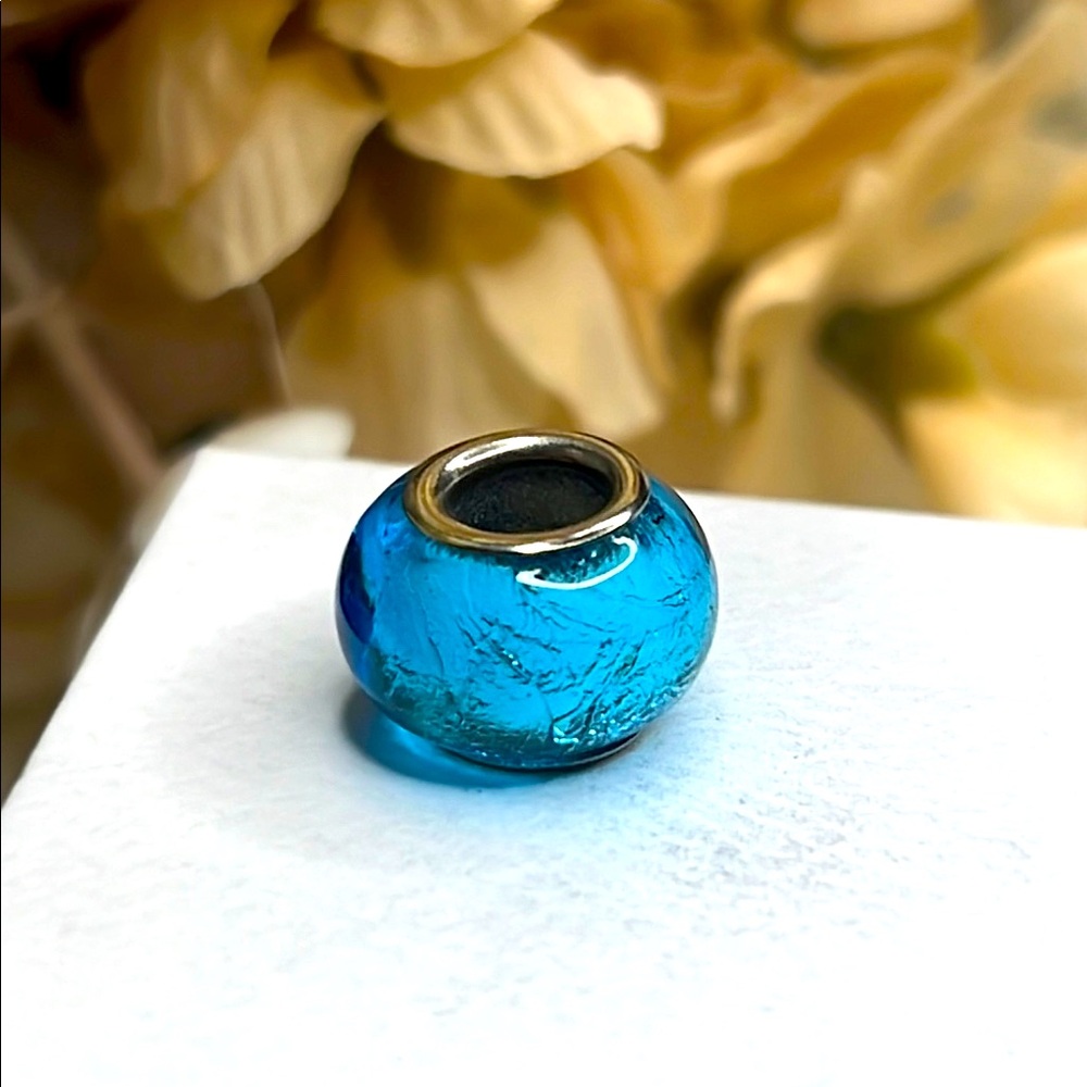 Pandora and Chamilia Compatible Blue Glass Charm with Silver Accent.